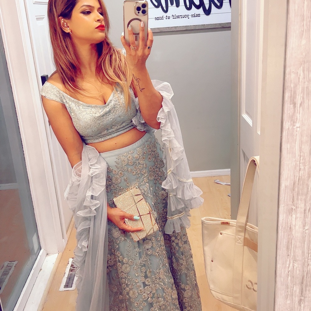 Indian dusty blue lehenga with ruffle dupatta
